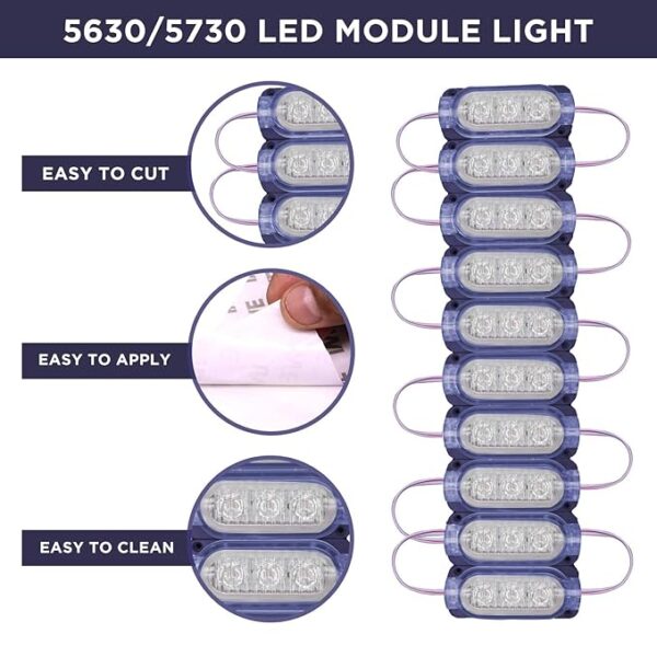 3 LED Module Light Interior Exterior 12V 5730 Injection Decorative Lamp with Adhesive Backside for Car, Home & Decoration (10 Strips, Blue)