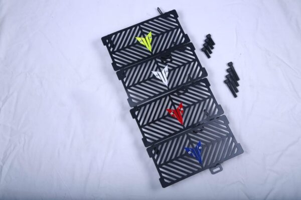 Motorcycle Radiator Grille Guard Protector, Black with Blue Logo, Diagonal Stripe Pattern